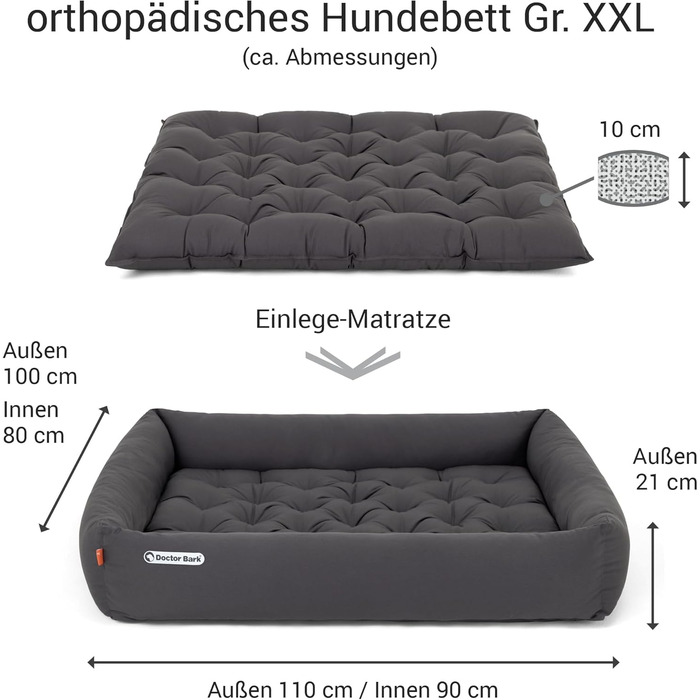 Ортопедичне ліжко для собак Doctor Bark - велике (XXL, 110x100 см) з м'якою підстилкою, сіре, миється до 95°C, гігієнічне