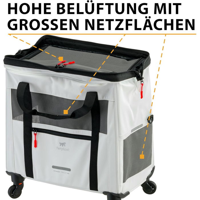 Транспортна переноска для собак та котів Ferplast Voyager Trolley, біла, з висувним ручками та колесами, до 15 кг, 46 x 26 x 48 см