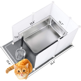 MEEXPAWS XXL туалет для котів з нержавіючої сталі 60×40×15 см з килимком, совком і захистом від бризок, легке очищення