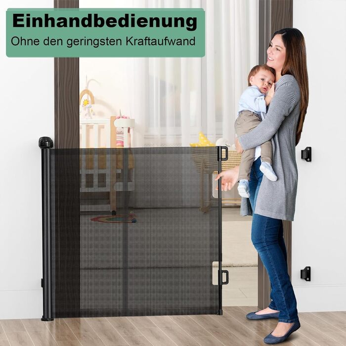 Захист для сходів з замком, висувний захист для дітей та собак, 150 см ширина, 83 см висота, автоматична засувка, чорний (140 см, без свердління)