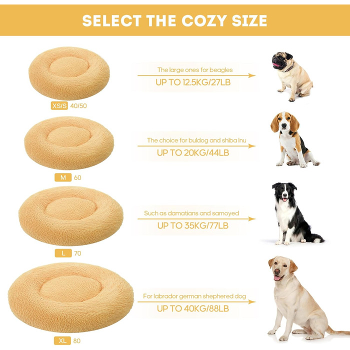 Ліжко для собак Aoresac Donut, м'яке та пухнасте, XS-3XL, XXL Ø100x26см, до 30 кг, шампань