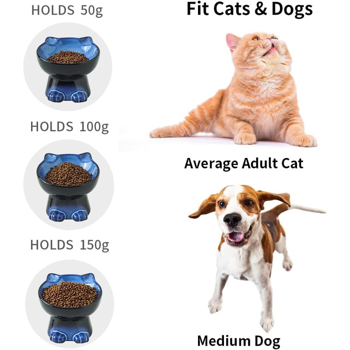 Підвищений миска для кота Nihow, 16.25 см, кераміка, для здоров'я спини, миється в посудомийній машині, елегантний синьо-чорний (192 мл/1 шт.)