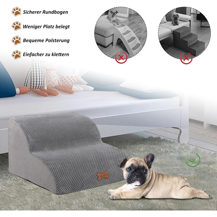 Сходинки для собак Caliyo: 3 сходинки, для маленьких собак, з високощільним губчатим матеріалом, знімний та миючий чохол, неслизьке дно (60 x 40 x 40 см, сірий)