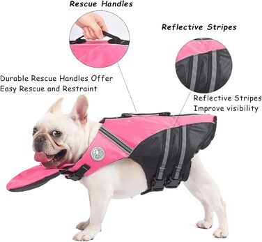 Жилет для плавання собак Французького бульдога, жилет для плавання, катання на човні, з поплавком на підборідді та рятувальним гачком, високий клас (обхват грудей: 43,2 см - 76,2 см), рожевий