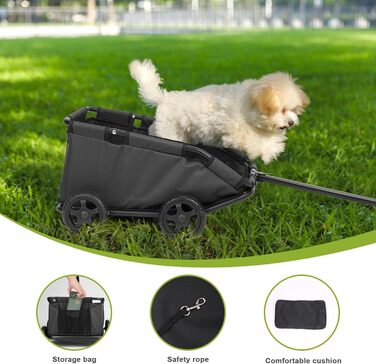 Міні-візок для маленьких домашніх тварин, складний багатофункціональний візок для покупок з висувним ручкою, для прогулянок на вулиці, з вбудованим матрацом та страхувальним тросом, з кишенькою для зберігання (Чорний)