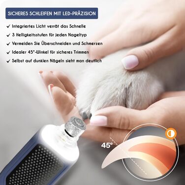 Шліфувальник для собак Candure: тиха акумуляторна машинка для догляду за кігтями з LED-підсвічуванням та змінним насадком, підходить для собак всіх розмірів (Marineblau)