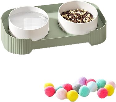 Дві миски для котів білого кольору, запобігають болю в шиї, миска для домашніх тварин, знімна, проти блювоти, керамічна миска, запобігає перекиданню, миска для корму котів з іграшковим м'ячиком, для кошенят, цуценят, собак, зелена, 33*17*6 см