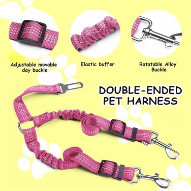 Авторемень для собак у машину, еластичний подвійний авторемень для собак, регульований авторемень для собак (рожевий)