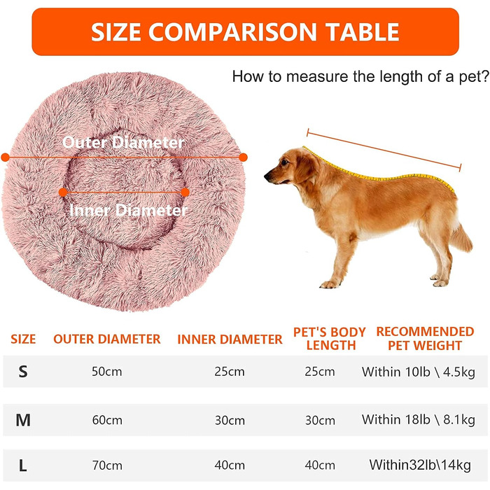 OKPOW Крізьке ліжко для собак: м'яке, кругле ліжко для цуценят, анти-страх, комфортне ліжко для котів, плюшеве ліжко для домашніх тварин, пральне, Ø60см, рожеве (M)