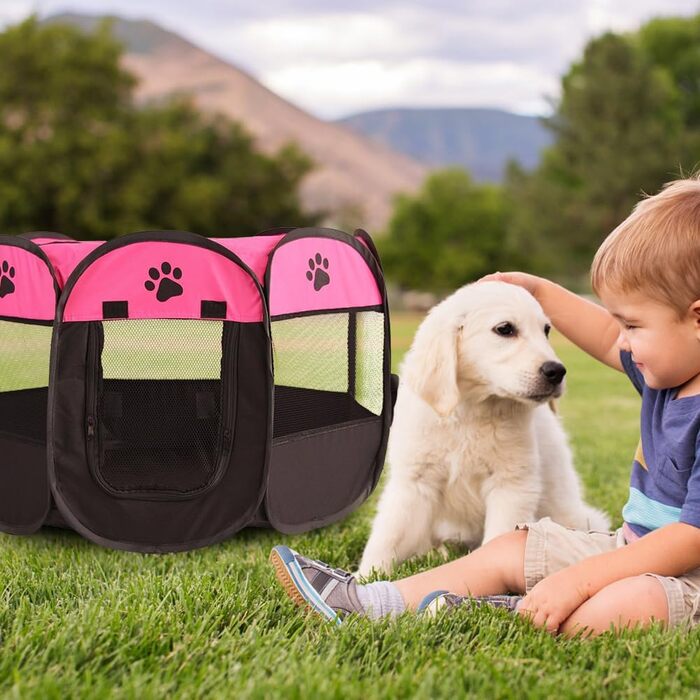 Клітка-забіг для собак і цуценят, складана, 73x73x43 см (рожевий+чорний)