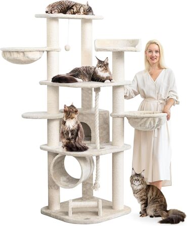 Великий когтеточка для котів HAPPYPET Parker 171 см, стійкий, з ігровим тунелем, будиночком, великими лежанками та стовпами 11 см, кремовий, кішковий комплекс XXL