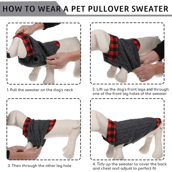 Теплий собачий светр CITÉTOILE з візерунком у клітинку, високим коміром та отворами для повідка – зимовий одяг для собак маленьких, середніх та великих порід, а також для котів, сірий, розмір M