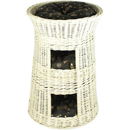 Кігтеточка-ліжко для котів: кругла хатинка з ротангу, триповерхове ліжко для собак та котів, колір білий (з коричневими та золотими подушками)