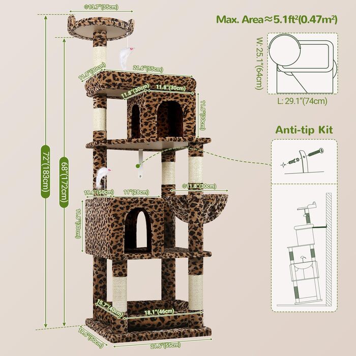 Комплекс для котів Globlazer Kratzbaum Maine Coon 183 см з 2 печерами, великою лежаком, стійкий кактус для великих котів (Леопард)