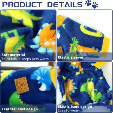 Піжама для собак XPUDAC, фліс, теплий зимовий костюм для собак, дівчаток та хлопчиків, розмір S, блакитний динозавр
