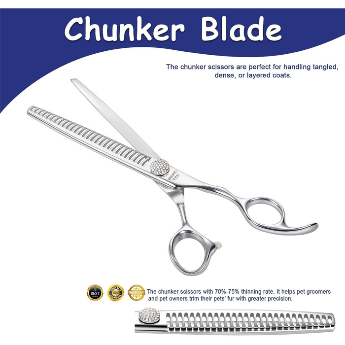 Професійна ножиця для грумінгу собак Chunker з імітацією діаманта, 440C сталь, відполірована, для домашнього використання та професійного грумінгу, 19.1 см