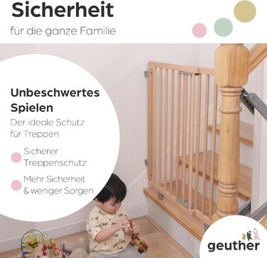 Захист для сходів Geuther Oris | Дверний захист для сходів з кріпленням, 2 клямки для поручнів, ширина регулюється | Стабільне дерев'яне дитяче ворота, натуральний лак (натуральний, 95-135 см)