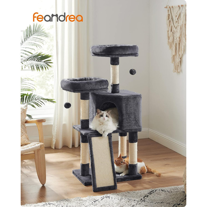 Котячий комплекс FEANDREA, 115 см, сірий, з когтеточкою, м'який плюш, платформи, стовпчики обмотані сизалем