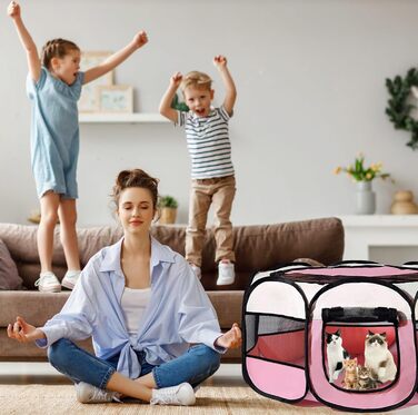 Клітка-бігове подвір'я для тварин BRIMOREA, 74x74x43 см, рожева. Підходить для собак, котів, кроликів та інших дрібних тварин, для дому та вулиці.