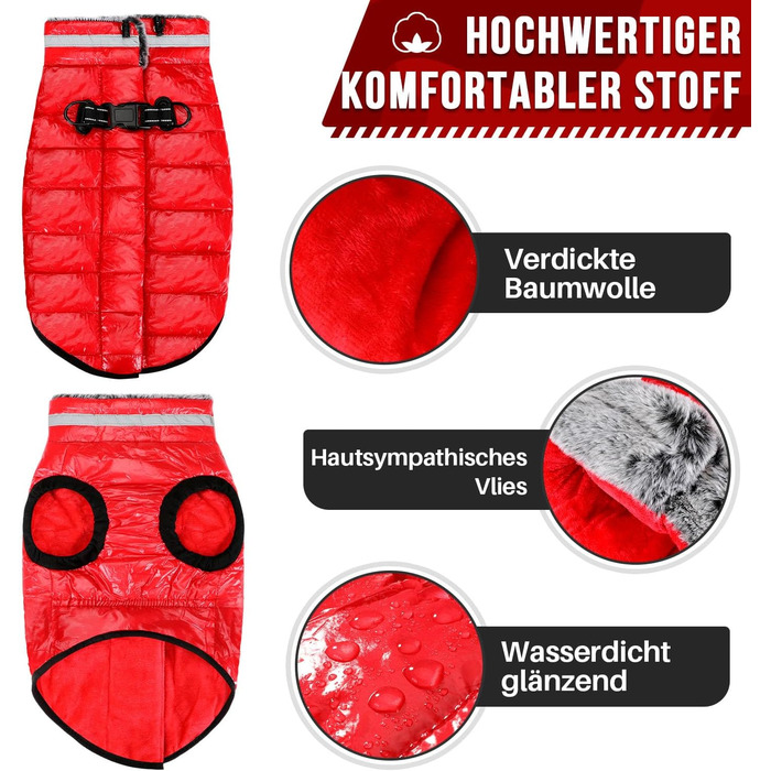 Водонепроникний собачий плащ з шлейкою, флісова комір-стійка, тепла зимова куртка для собак з подвійним блискавкою, куртка для собак з відбиваючими елементами, червоний, розмір S