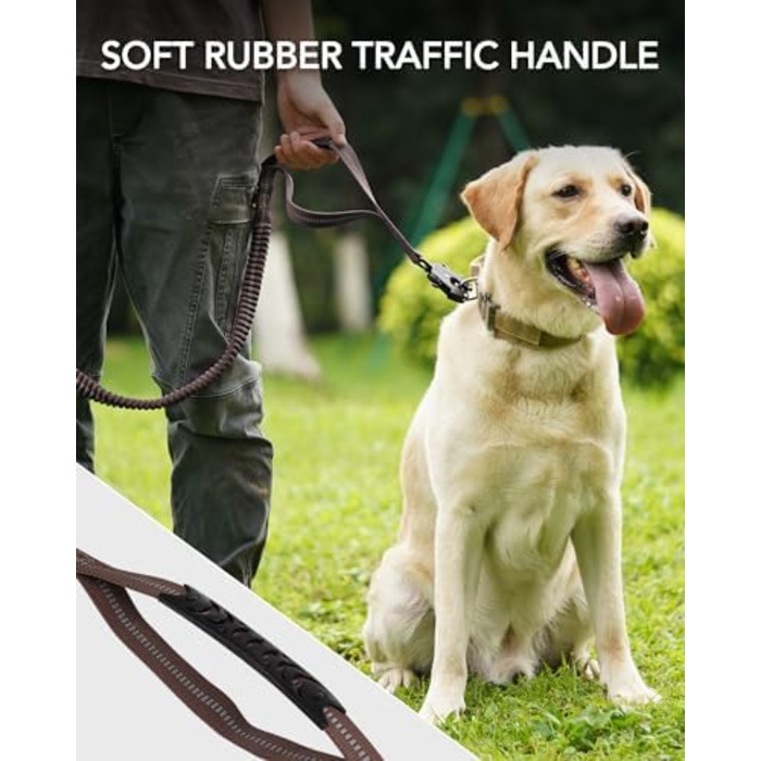 Тактична повідок для собак Joytale, еластична повідок з 2 м'якими ручками, страхувальний ремінь для автомобіля, повідок без ривка для собак середніх, великих та екстра-великих порід (1.2м-1.8м, коричнева)