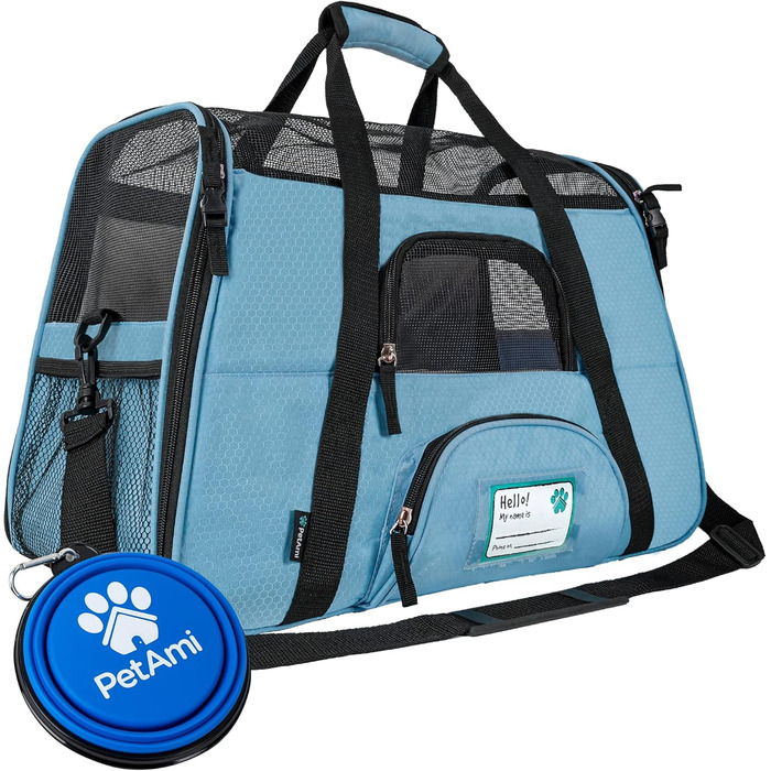 PetAmi Преміум переноска для тварин | м'яка, з вентиляцією, для котів та собак, велика (43x26x28 см, світло-блакитний)