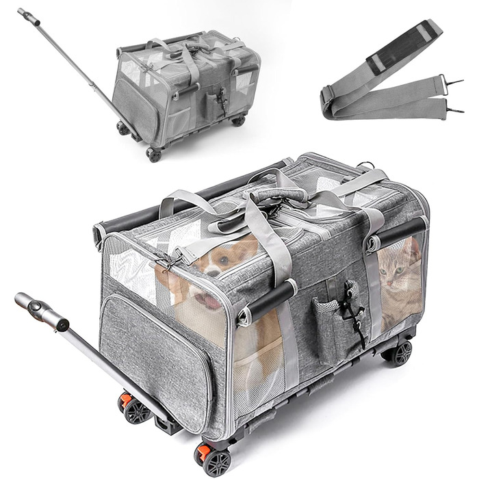 Велика переноска для тварин з двома відділеннями та колесами для кота/собаки, знімна складана переноска для 2 котів до 20 кг, вентильована переноска-рюкзак для котів для подорожей/походів/кемпінгу