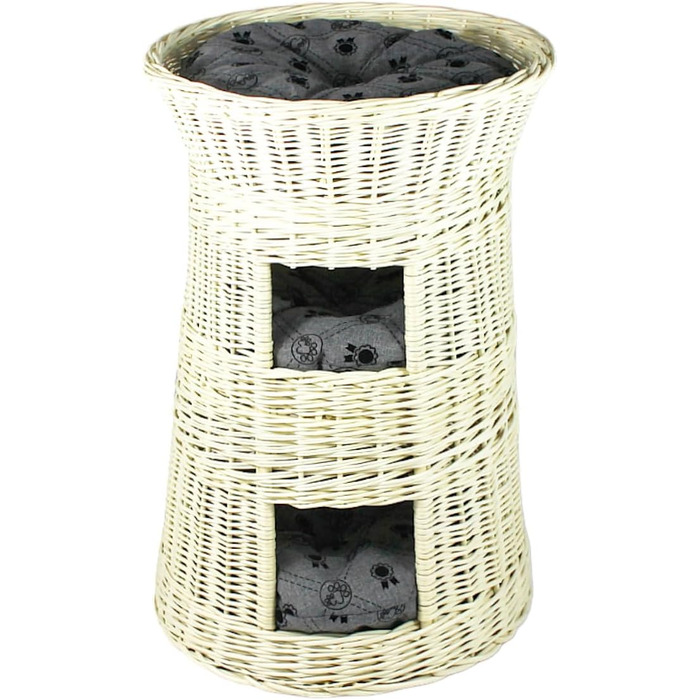 Кігтеточка-ліжко для котів: кругла хатинка, плетений будиночок з лози, триярусне ліжко для собак та котів, колір – білий, з сірим подушечком