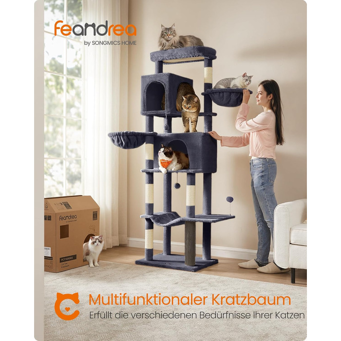 Великий багаторівневий котячий комплекс Feandrea, 190,7 см, 2 будиночки, 2 гамачки, 5 стовпчиків-кігтеточок, котяча щітка, велика платформа, темно-сірий