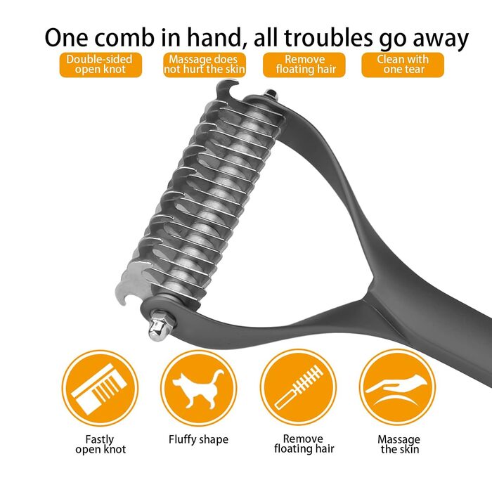 Інструмент для догляду за шерстю: двосторонній гребінець для підшерстка, щітка для цуценят та котів, гребінець з гострими зубцями для видалення ковтунів та відмерлого хутра (Чорний, L)