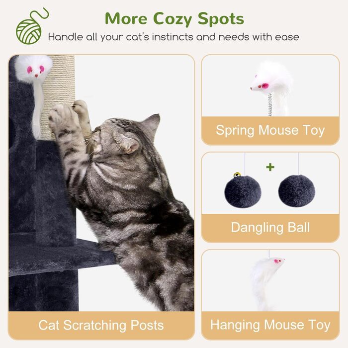 Котячий будиночок Globlazer з когтеточкою, велика база, платформа з м'якою оббивкою, іграшки для котів, 127 см, для великих котів та літніх, відпочинок, ігри, дряпання, інтер'єр (FC50, XL, темно-сірий)