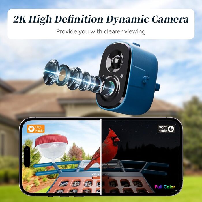 Кормушка для птахів з камерою, AI розпізнавання птахів, 2.4 ГГц/5 ГГц, сонячна, захищена від білок, миттєві сповіщення, 2K камера для заднього двору