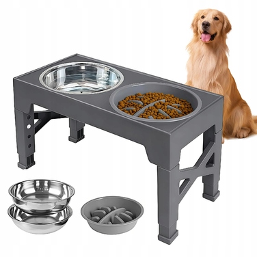 Подвійна металева миска для собак на регульованій підставці 2в1 (захист від розбризкування)