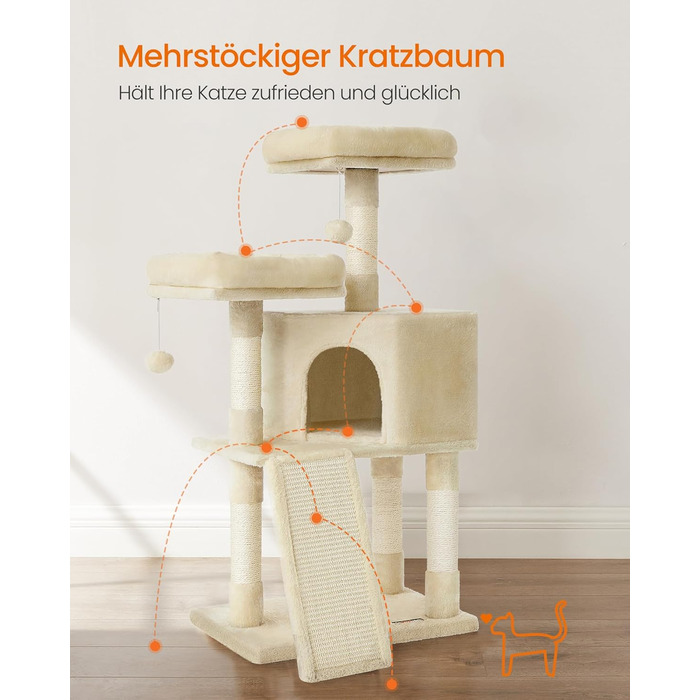 Дряпка для котів Feandrea, 115 см, кремово-білий колір, з дряпальною дошкою (50 x 35 x 115 см)