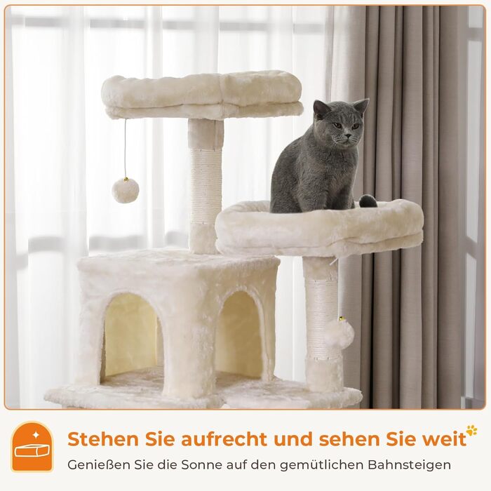 Кігтеточка для котів MSmask велика, стабільна, багатоярусна з 2 платформами, 2 будиночками, гамаком, сизалевими стовпчиками (Бежева, 160 см)