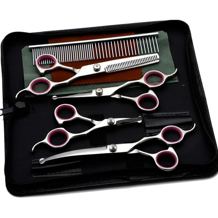 Набір професійних ножиць для собак з безпечним круглим наконечником, для грумінгу та стрижки шерсті. З набором для фінальної обробки. Підходить для собак та котів. Нержавіюча сталь, рожевий колір