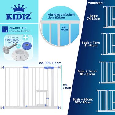Захисне ворота KIDIZ® для дітей та домашніх тварин: безпечне огорожа для сходів, розширюване, без свердління, синього кольору (102-115 см)