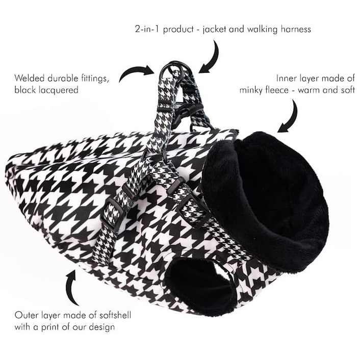 Вітронепроникна куртка для собак Baylabel з шлейкою Black'n'White - тепла зимова куртка для собак XL з флісовою підкладкою