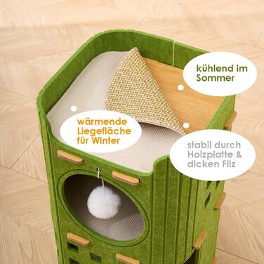 Сучасний котячий комплекс з 4 ярусами та 3 будиночками для котів, фетр, стійка альтернатива котячого будиночка з іграшкою, тихий та компактний (90 см), зелений (35 x 35 x 90 см)