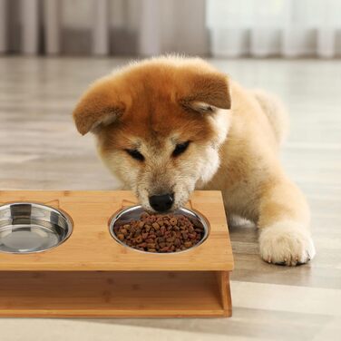 Підставка для корму Relaxdays для котів та маленьких собак, 2 миски по 300 мл, піднята, бамбук та нержавіюча сталь, 12x39x19,5 см, натуральний колір/срібло