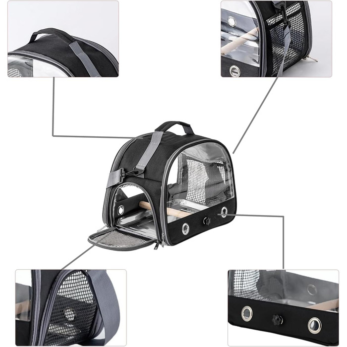 Транспортна сумка для папуг, переносна сумка для птахів з підставкою та підносом з нержавіючої сталі, легкий рюкзак для папуги, складана переносна коробка для птахів, переносна сумка для маленьких птахів, для папуг (чорна)