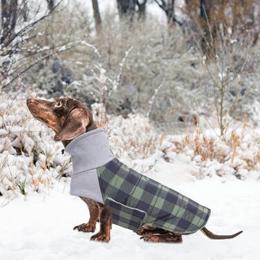Зимовий теплий нашийник для собак Dachshund (Такса) від Geyecete, водонепроникний, з отвором для повідка, теплий пуловер для маленьких собак, червоно-зелений в клітинку (XS)