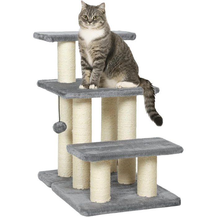 Сходинки для собак PawHut - 3 сходинки, 54 см, сірі. Сходи для маленьких собак та котів з сизалевим покриттям, м'ячик, допомога для заходження на ліжко, диван, в автомобіль