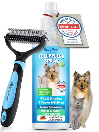 BluePet Щітка та спрей від ковтунів для собак та котів. Розплутує шерсть, покращує розчісування. Спрей від ковтунів, спрей для догляду за шерстю з алое вера, ши-олією та олією жожоби. Щітка для підшерстя.