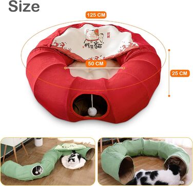 Котяче ліжко-тунель 2 в 1 ALLSOPETS, кругле, складане, іграшка-тунель для котів з підвішеними ігровими кульками, для котів, кошенят, кроликів, цуценят і дрібних тварин, червоне