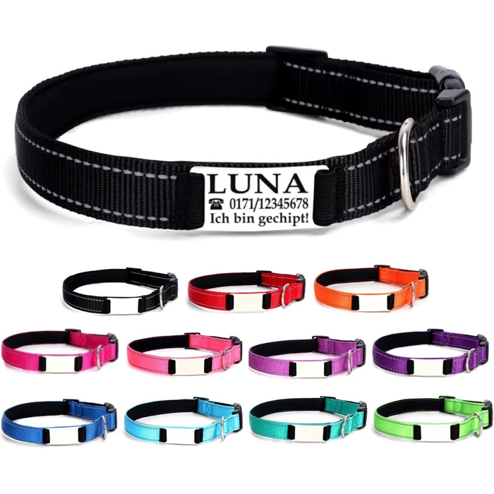 Персоналізований нашийник для собак, з іменем, середнього розміру, 35-50 см, світловідбиваючий (чорний, M)
