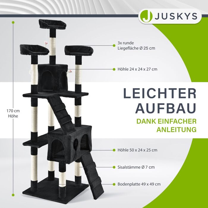 Котячий комплекс Juskys XXL Amy 170 см – стійке дерево для котів з лежаками, будиночками, драбинами та стовпчиками з сизалю, чорний