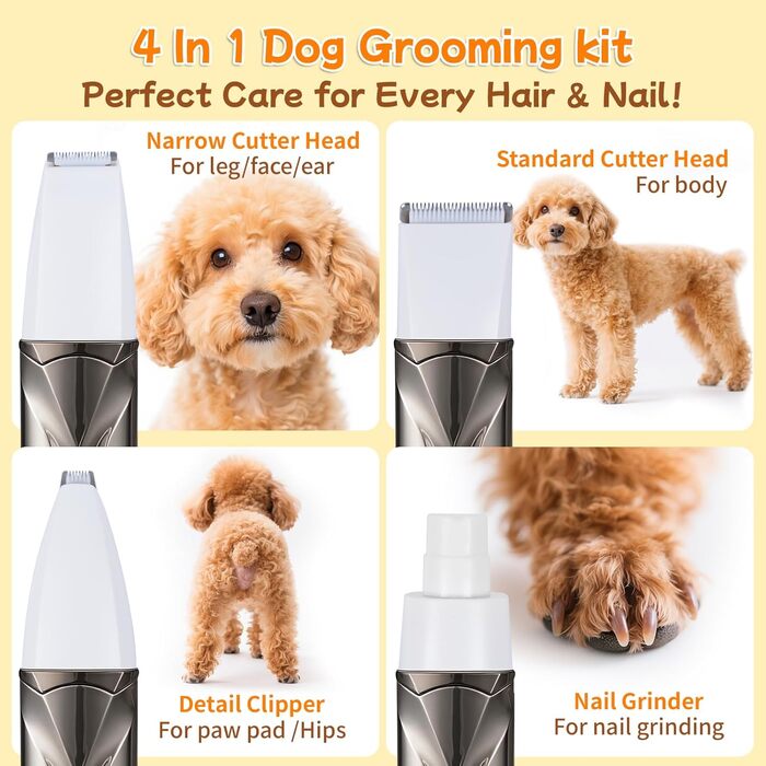Набір для стрижки собак 4 в 1 Ninonly: тиха, акумуляторна машинка для собак та котів з 4 насадками для тіла, лап, очей та вух. Тример для лап. Колір: Gunmetal