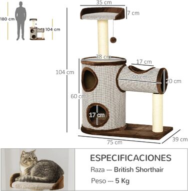 PawHut Дерев'яний кігтеточка для котів середнього розміру, 104 см, з ліжком, тунелем, сизалевими стовпчиками та м'ячиком, 75x39x104 см, коричневий
