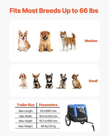 Фаркоп для собак VEVOR, до 30 кг, велосипедний причіп для собак, складаний, універсальний, з відбивачем та прапорцем